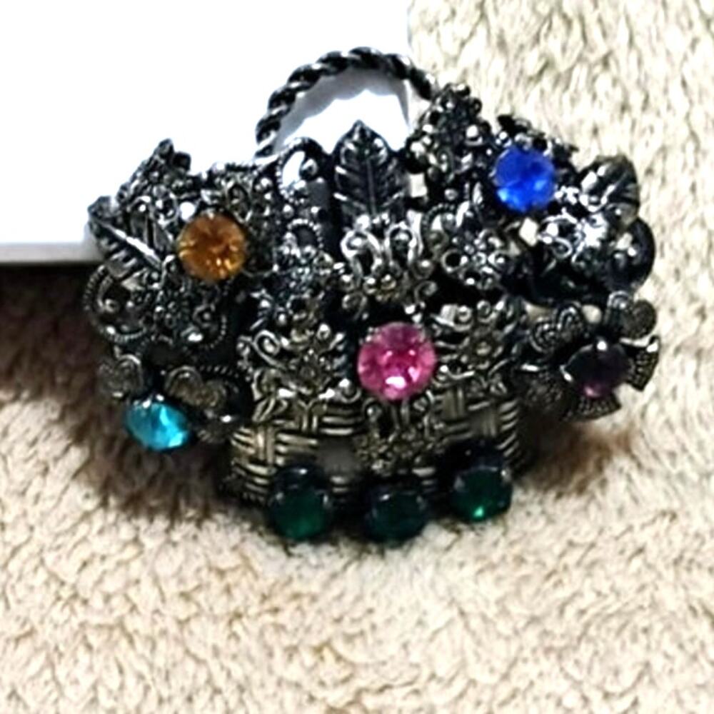 Vintage Czech Glass Rhinestone Brooch Basket of Flowers